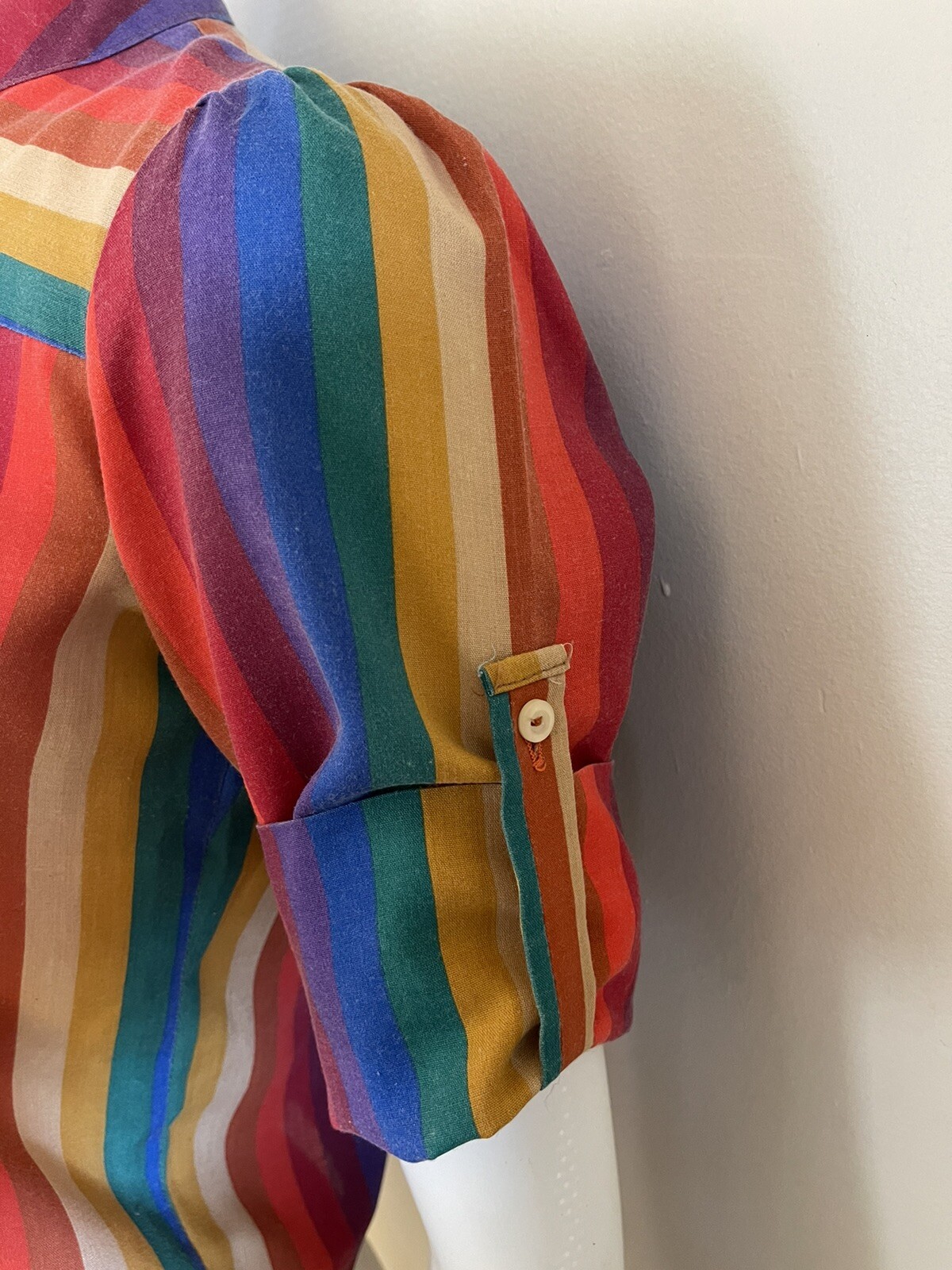 Vintage 1970s or 80s Byer California Rainbow Striped Drawstring Hem Top – Small