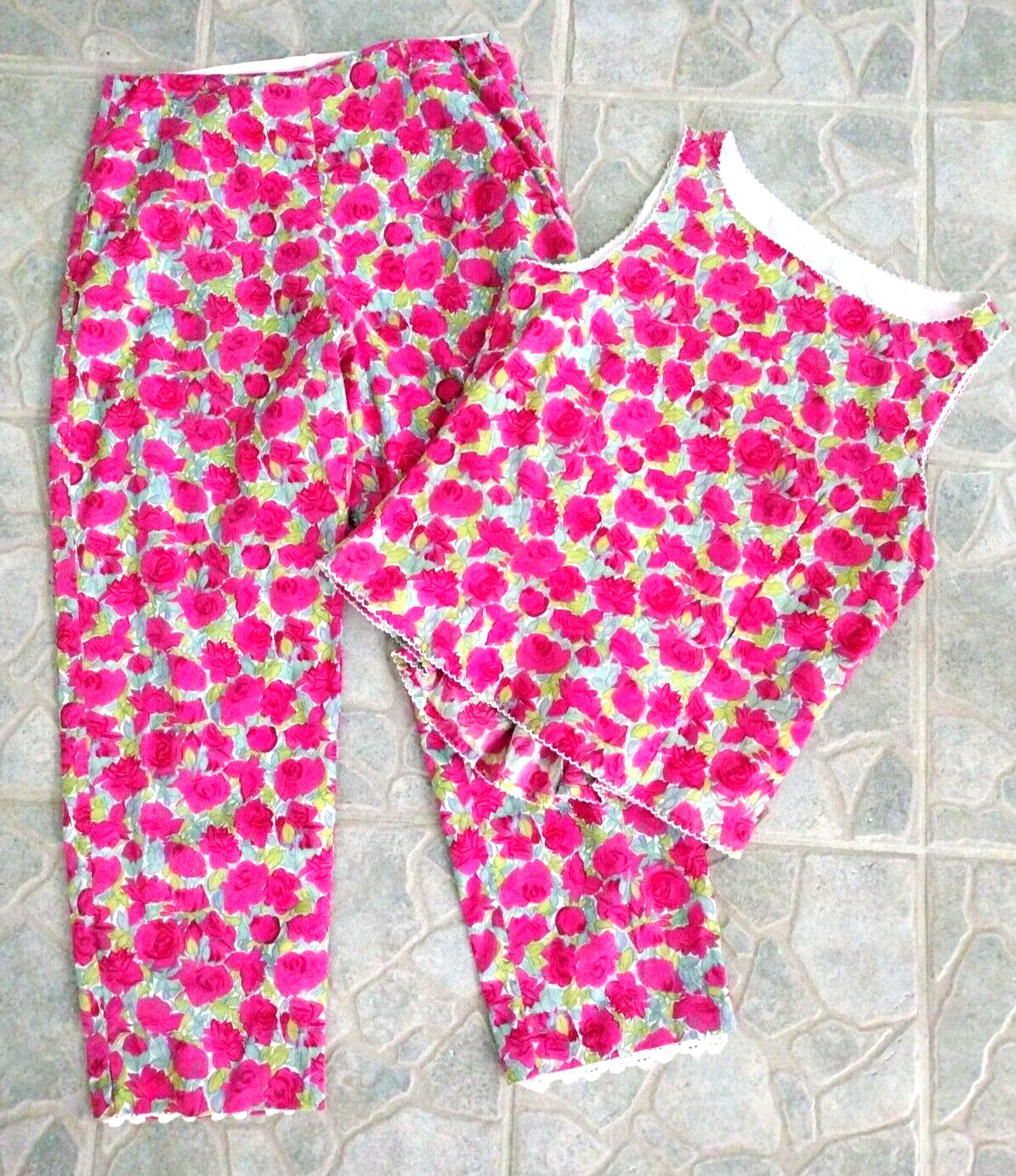 Vtg 90’s Y2k Maxou Pink Floral Top & Ankle Pant Suit Set 10 Preppy Resort Wear