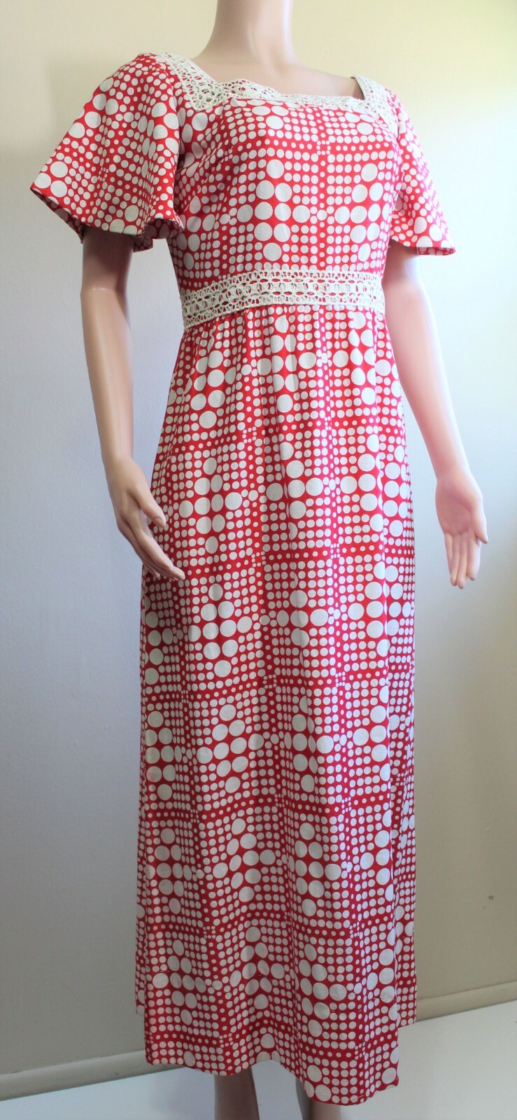 M Vintage 70s Maxi Prom Dress A Line Red White Polka Dot SS Puritan Juniors