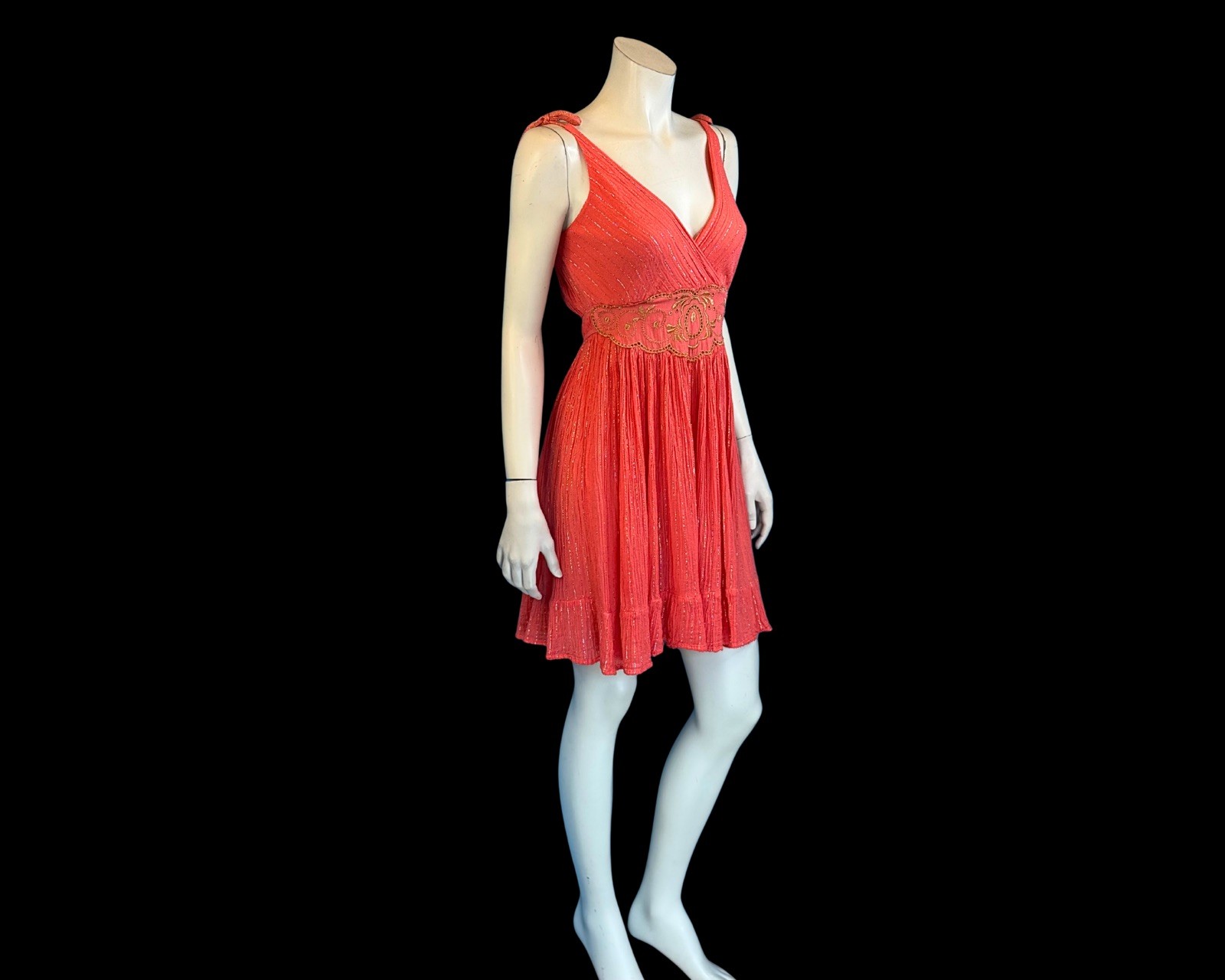 80s Greek Goddess Coral Gauze & Gold Lurex Mini Vintage Sundress | S