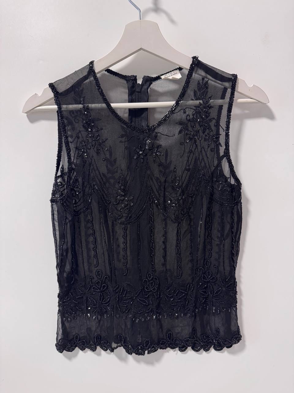 Vintage Black 100% Silk Hand Beaded Sheer Top Women’s Size S Art Deco Style Made