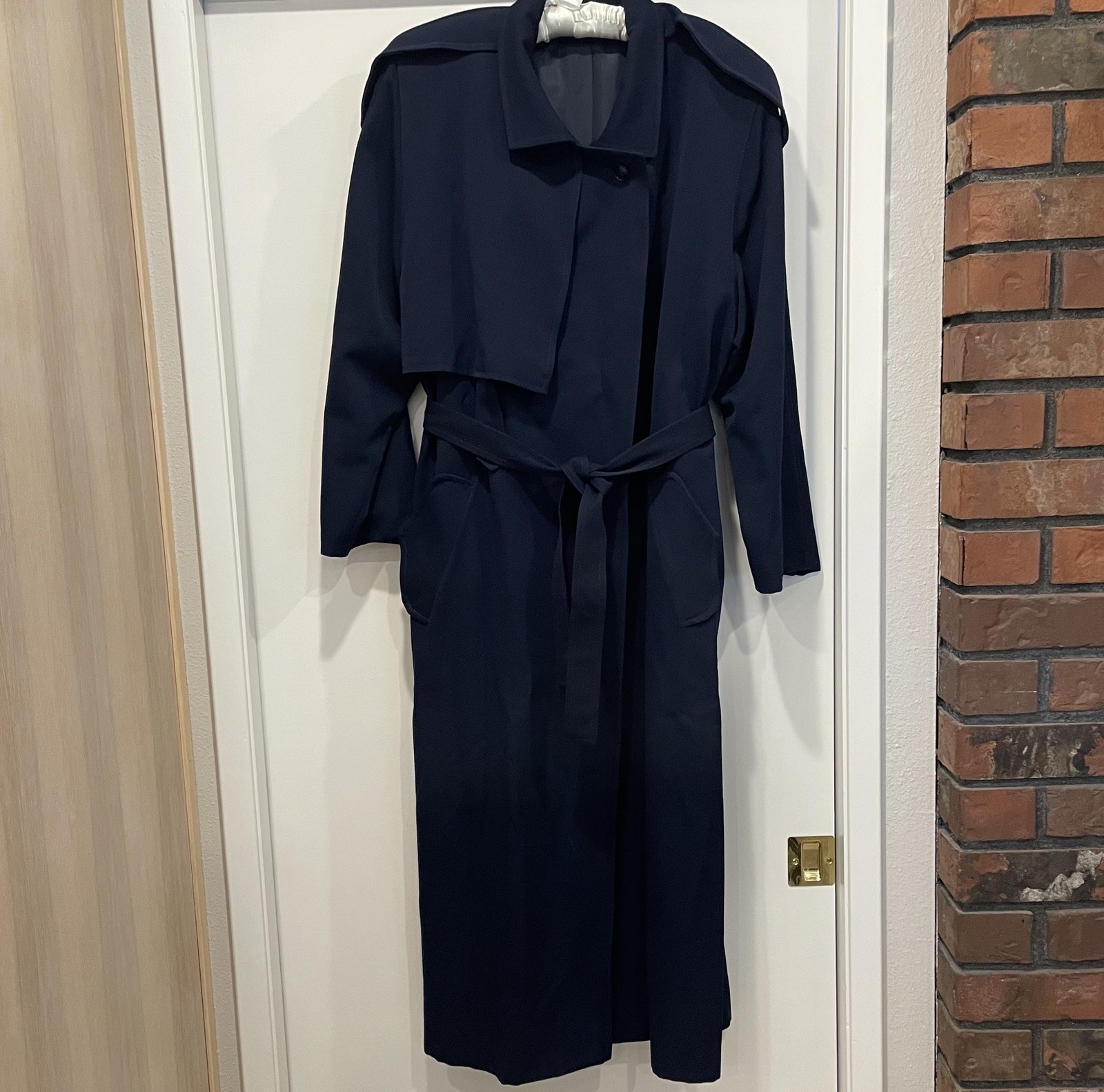 Vtg 90s Woman’s Size 14 LONG Navy 100% Wool Trench Coat Sara Roberts CLASSIC
