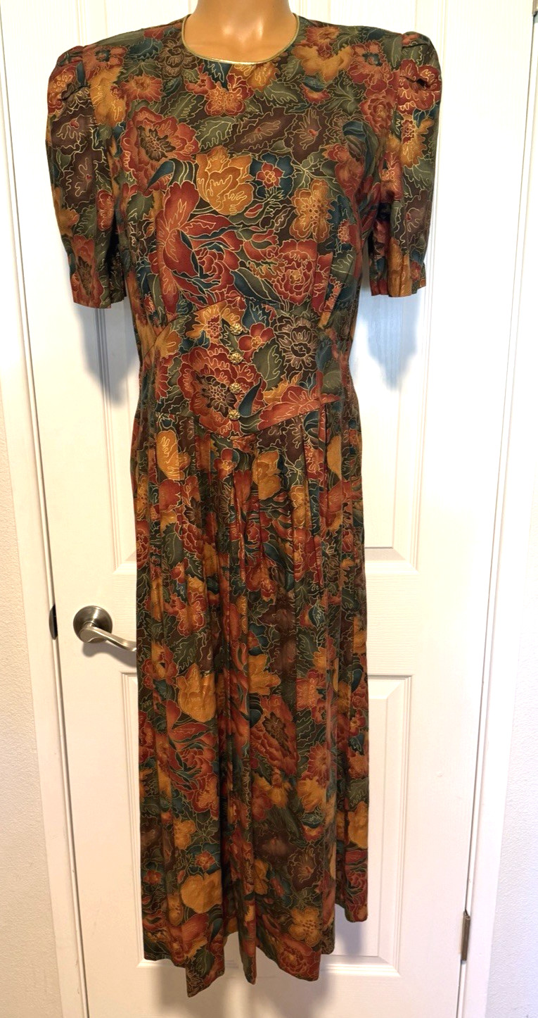 VTG 80’s MISS DORBY AUTUMN FLORAL COTTON BLEND RETRO DRESS SZ 12 (M-L)