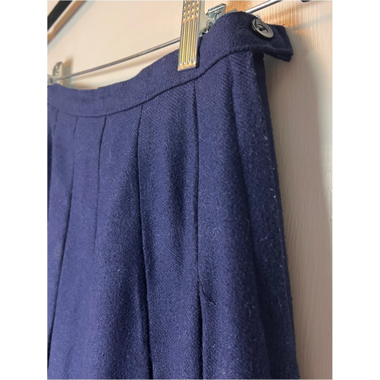Vtg Tan-Jay Navy Wool Blend Pleated Midi Skirt Tartan Plaid Hem Border Sz 10