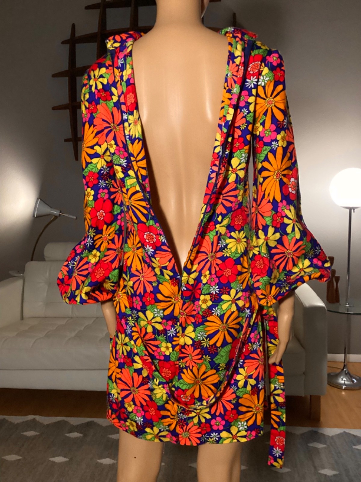Vintage 60’s Psychedelic Belted Mini Dress Flower Power Floral Hippy Mod Go-Go