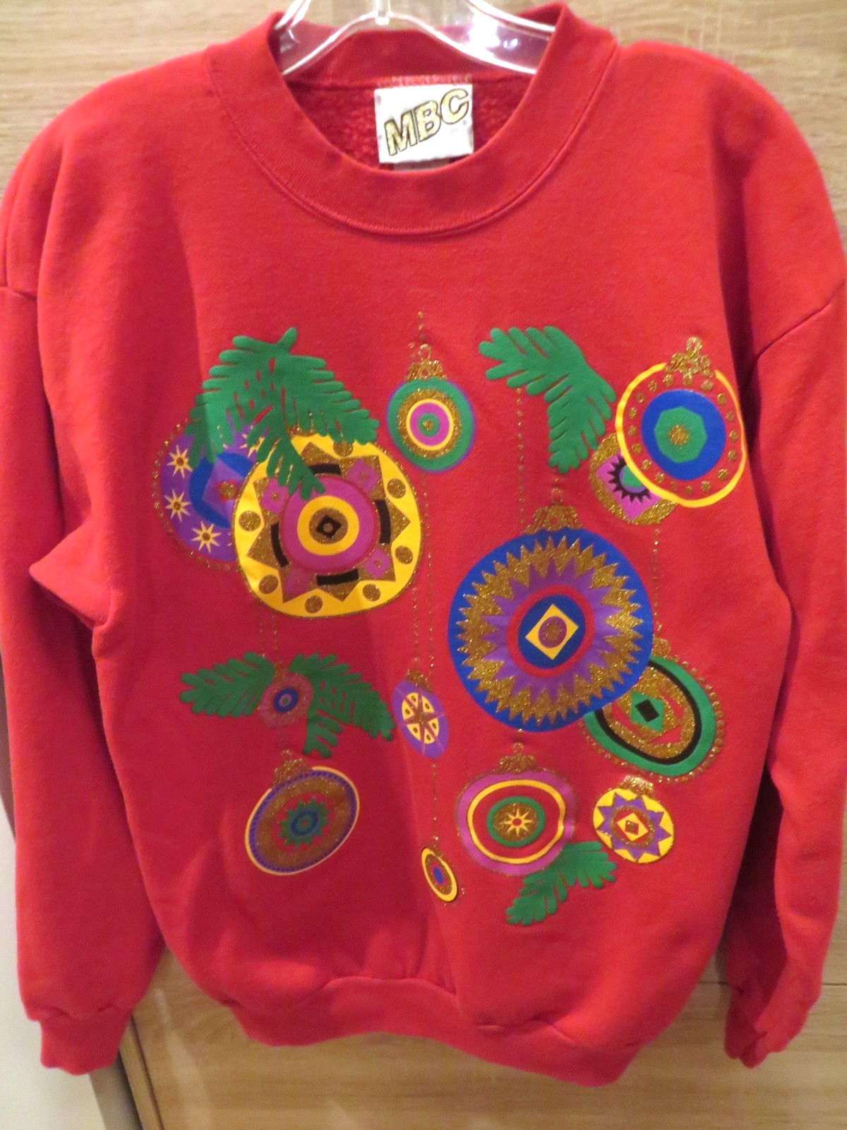 VTG MBC Christmas Ornament Holiday Glitter Colorful Sweatshirt Red USA Made Sz L