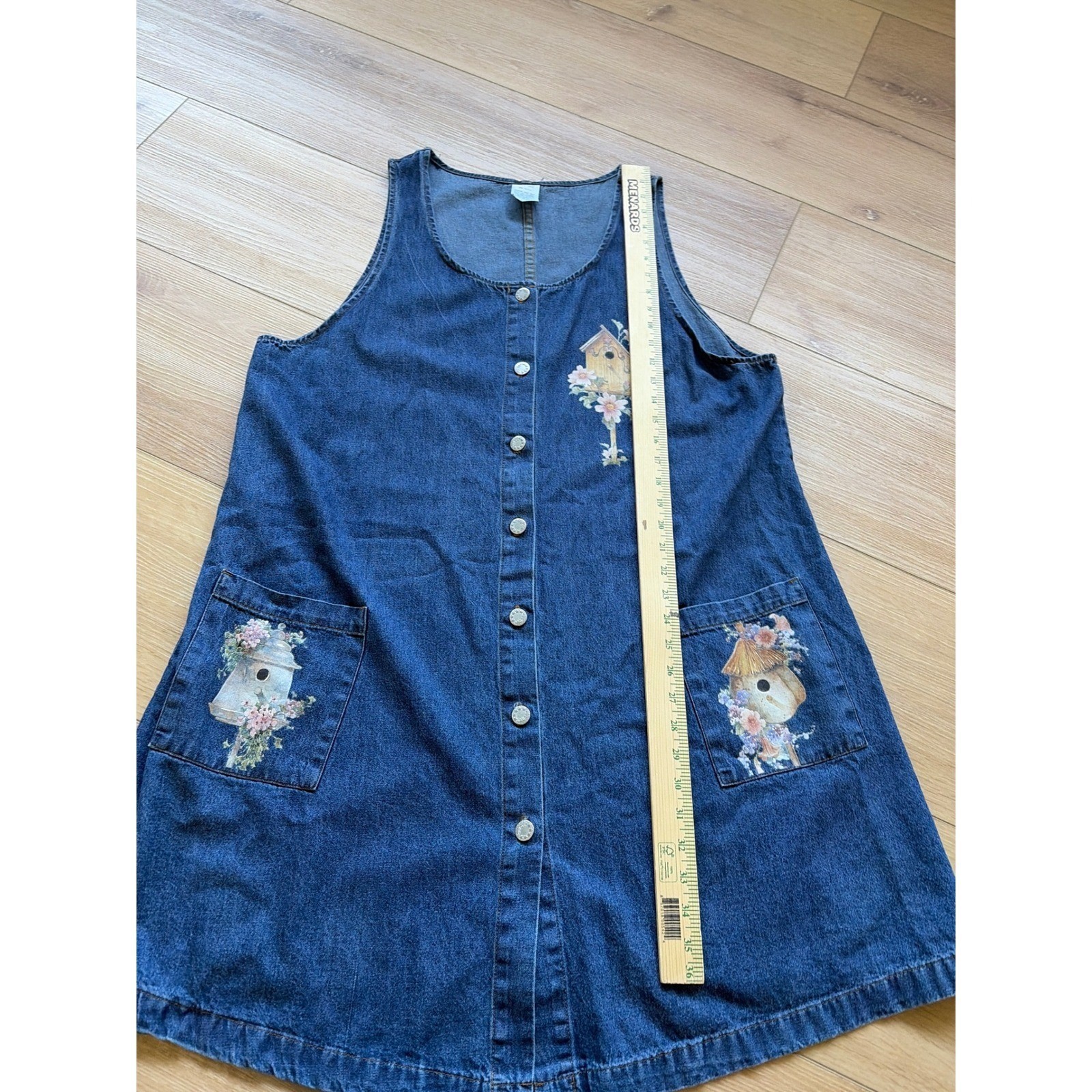 Vintage Denim Birdhouse Floral Jumper Dress Blue Button Front Cotton USA read
