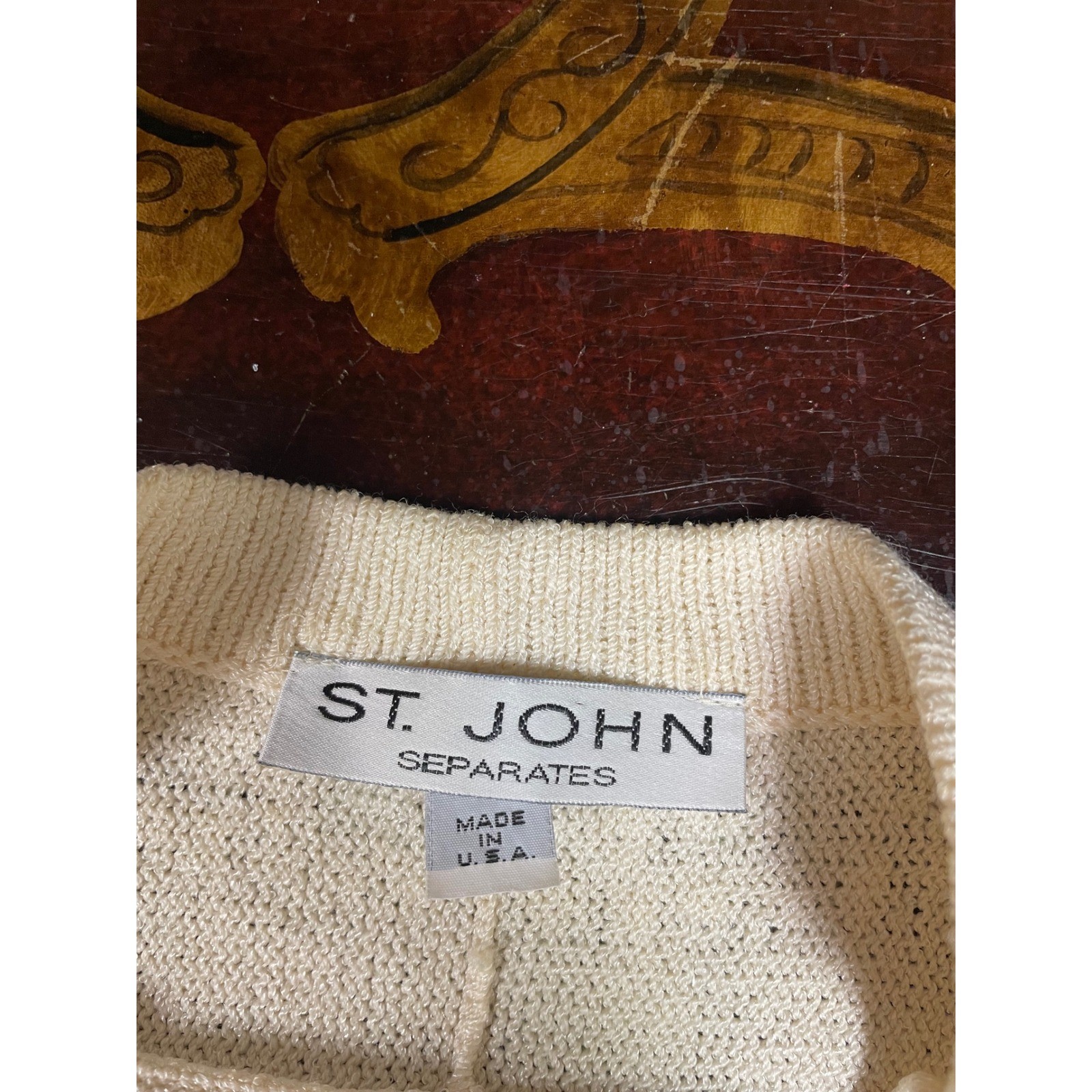 Vtg St. John Cream Beaded Faux Wrap Santana Knit Batwing Sleeve Sweater Retro M