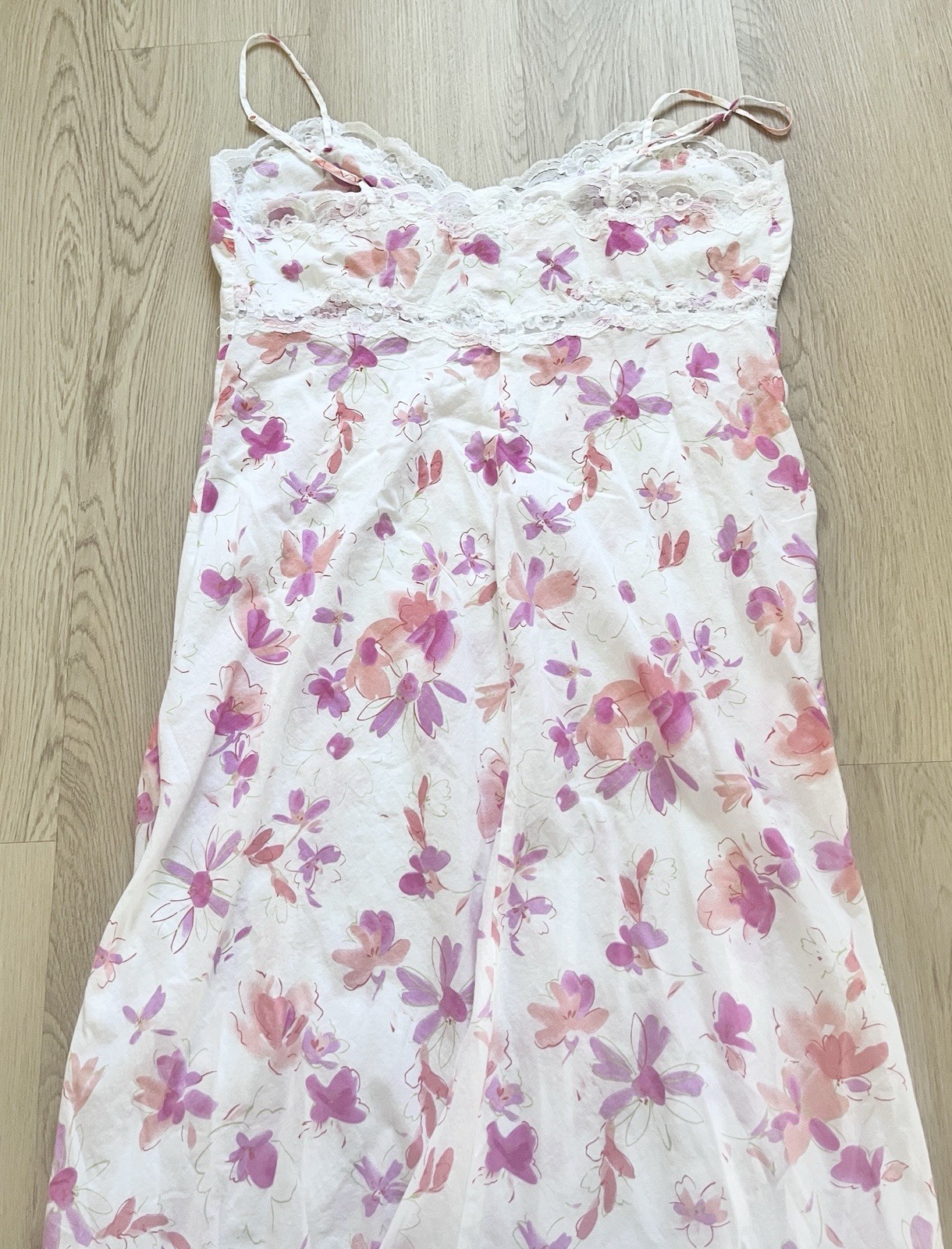 Vtg Cottage Core VIctoria Secret Cotton Slip Maxi Dress Lace Trim Ruffle LARGE