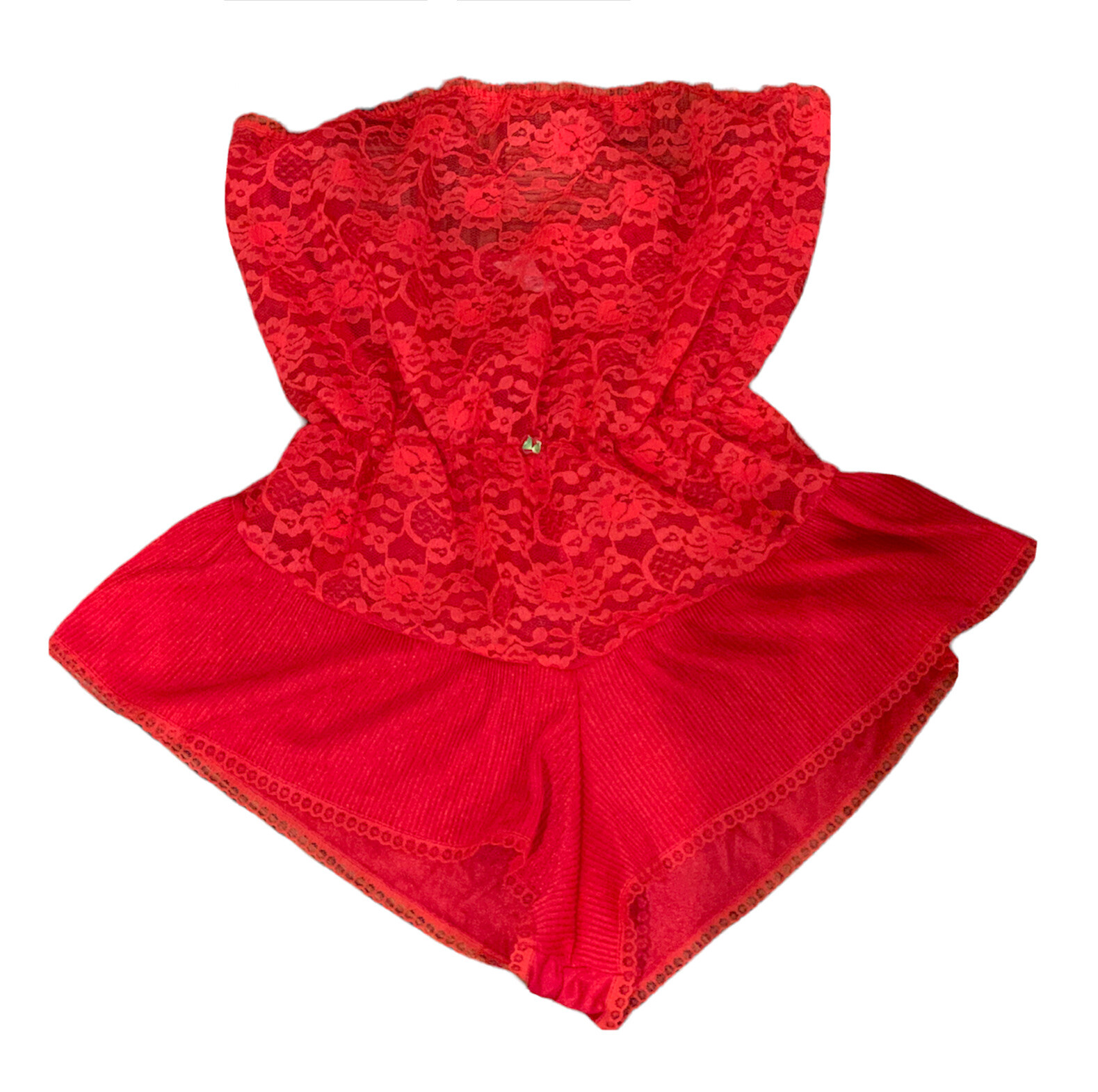 Vtg Red Nylon Lace Pleat Strapless Romper Teddy Lingerie Negligee Sexy Sz L USA