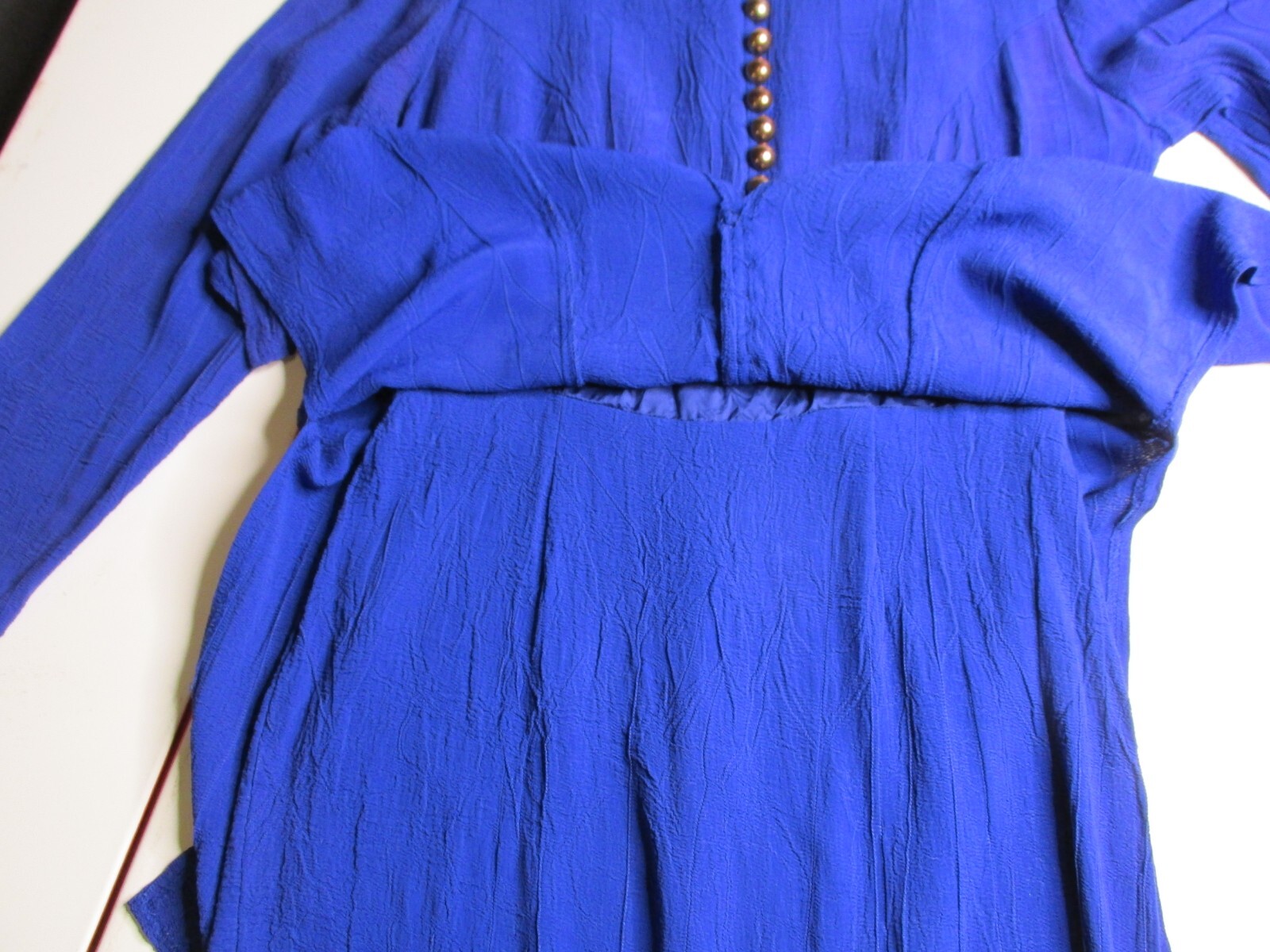 DAWN JOY Midi Career Dress Women SZ 7/8 Blue Peplum Brass Buttons VINTAGE 80’s