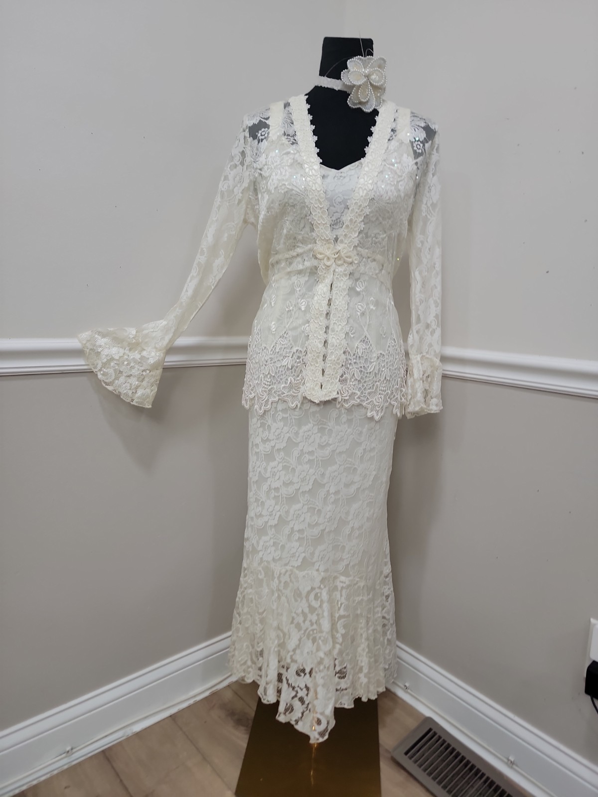 VTG Y2K Spencer Alexis Wedding White Lace Maxi Dress Jacket 2pc Set 12P Petite