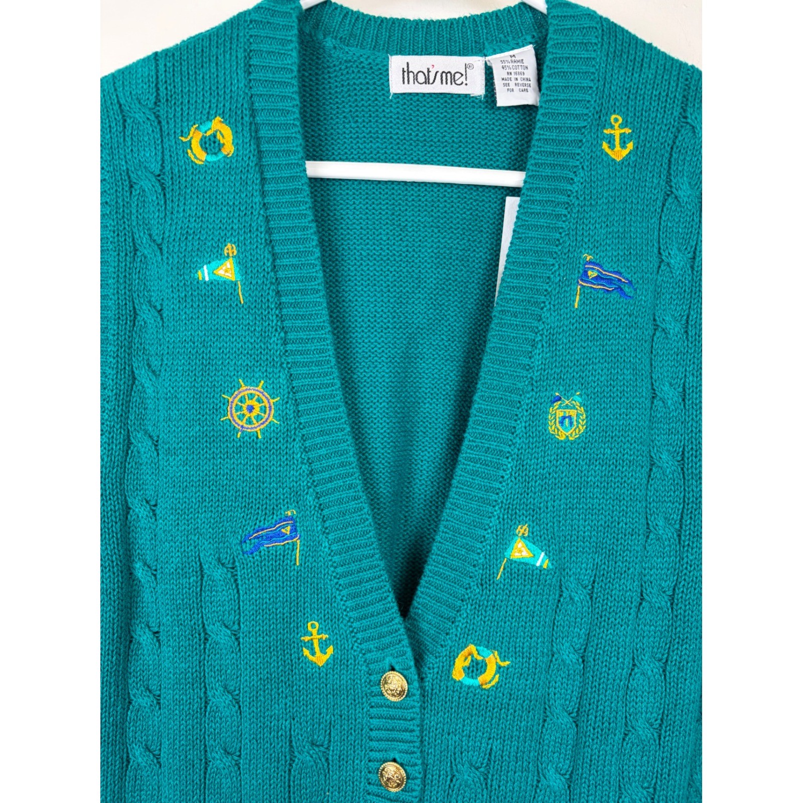 NEW Vintage 90s Thats Me Sweater Vest Medium Teal Nautical Embroider Cable Knit