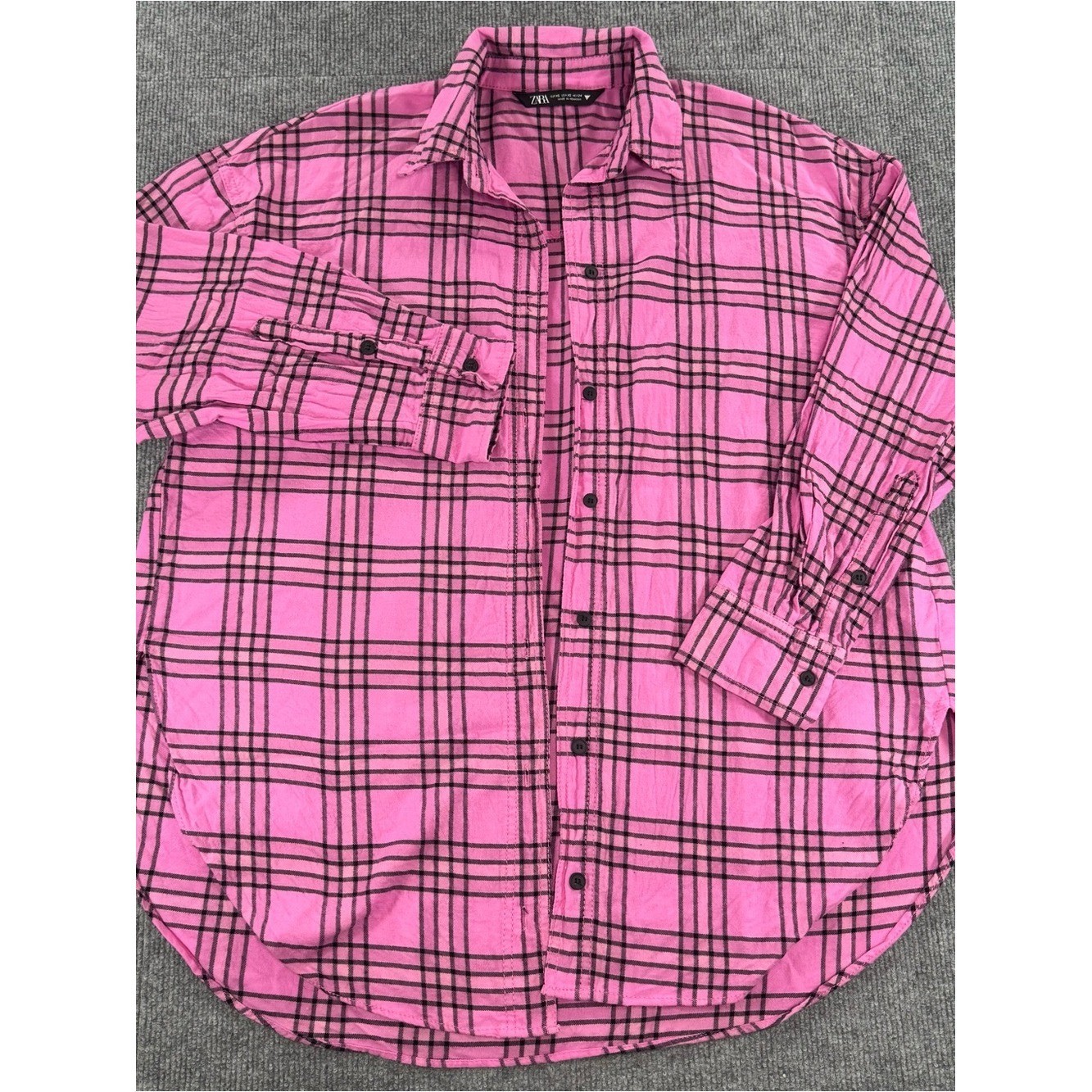 Zara Pink Plaid Flannel Button Down Shirt Oversized 90s Grunge Alt Fashion XS