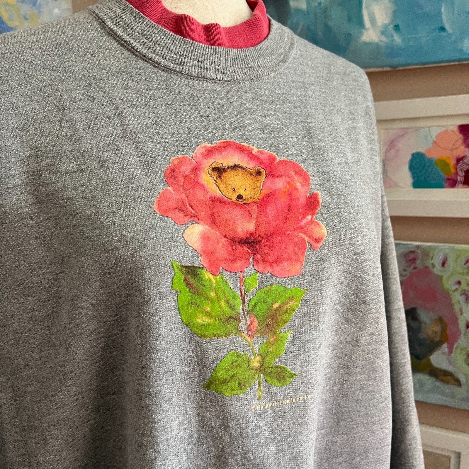 Vintage 90s Morning Sun Teddy Bear Rose Sweatshirt Hallmark Grandma Cozy Size XL