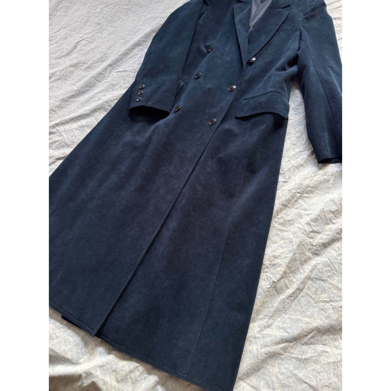 Vintage Navy Suede Leather Maxi Coat Women’s Size M Double Breasted Long Trench