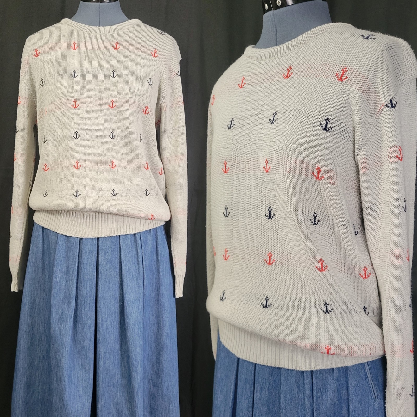 Vtg Jersild Grey Crew Neck Sweater w Blue & Red Boat Anchors Nautical Size Med