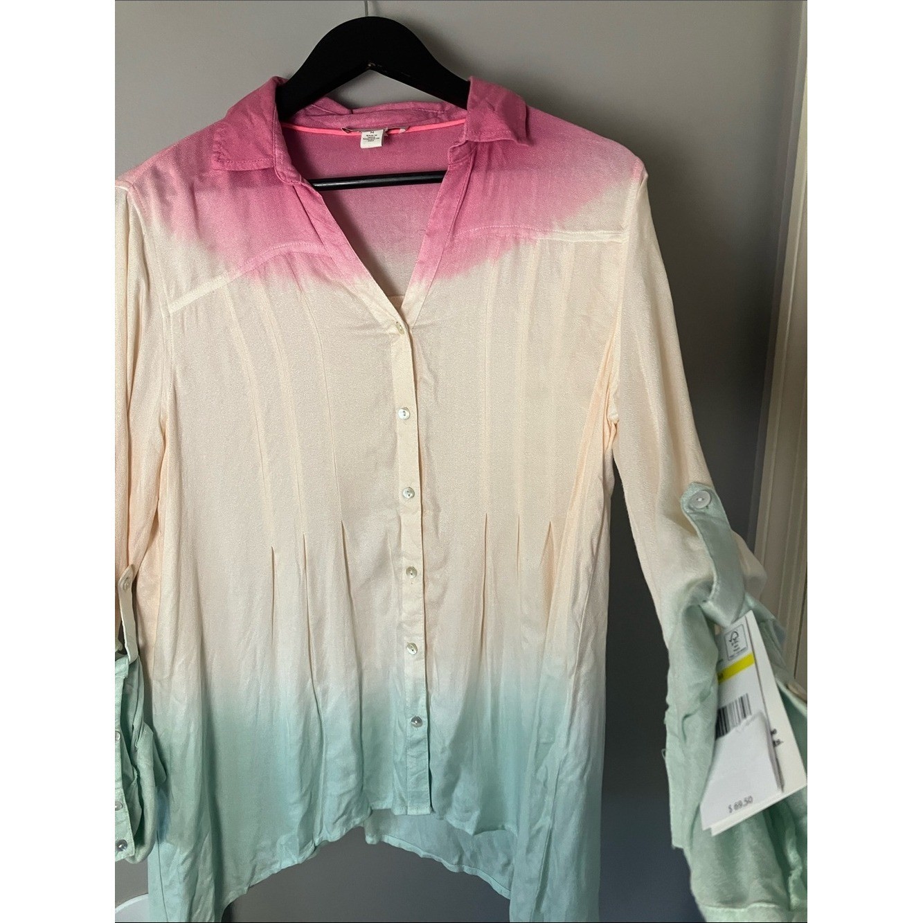NWT Vintage America Ombre Button-Down Medium Shirt Boho Beachy Pink Mint Green