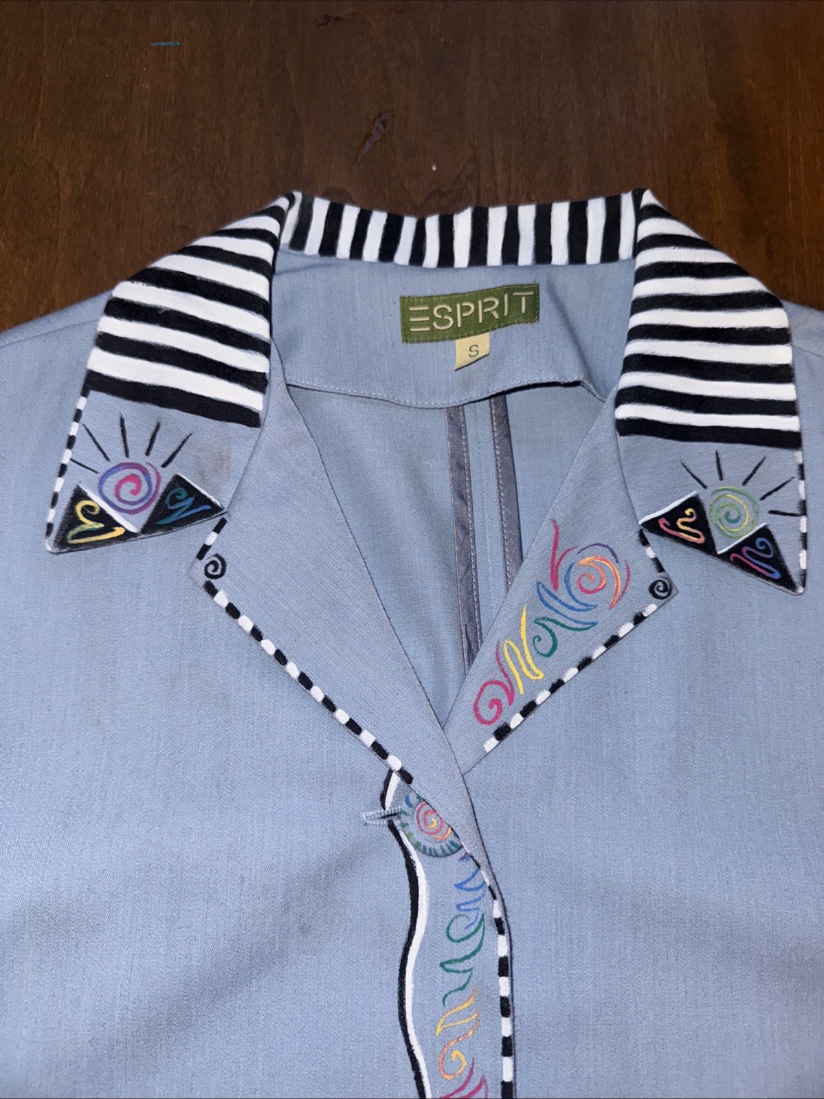Vintage Esprit Hand painted Baby Blue Unisex Blazer, Sz Small, Folk Art