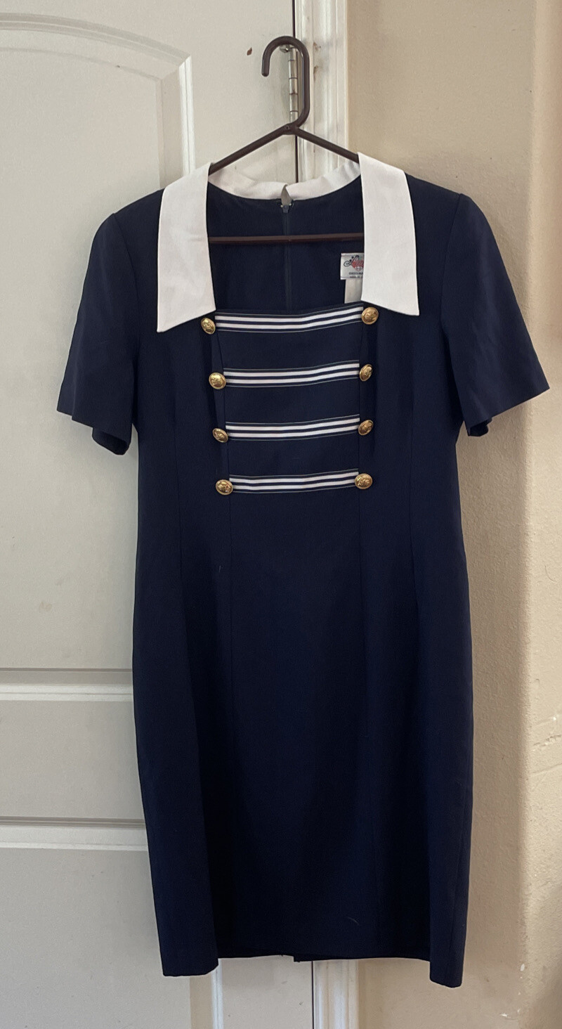 Lanz Original Vintage Dress Sailor Navy w/ Gold Buttons. size 12/14?
