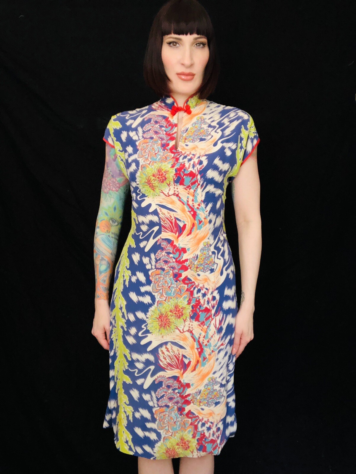 Vintage 1940s 40s Cold Rayon Wild Psychedelic Floral Hawaiian Dress Tiki Oasis