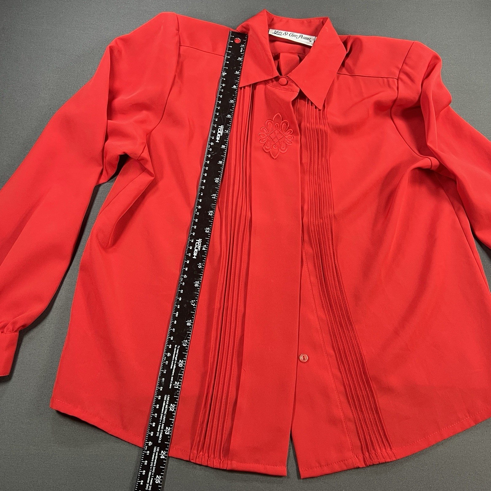 Vintage Yves St. Clair Petites 12P Red Pintuck Embroidered Blouse Shoulder Pads
