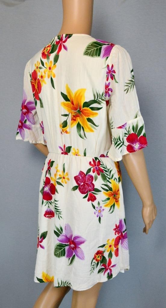 VTG Old Navy Mini White Tropical Floral Deep V Flutter Sleeve Boho Wrap Dress M