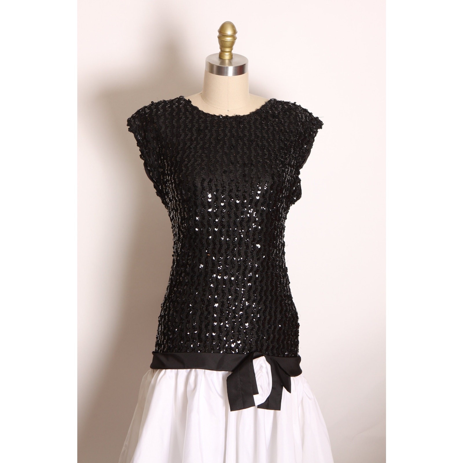 1980s Black White Sequin Asymmetrical Formal Dress by Precious Moments