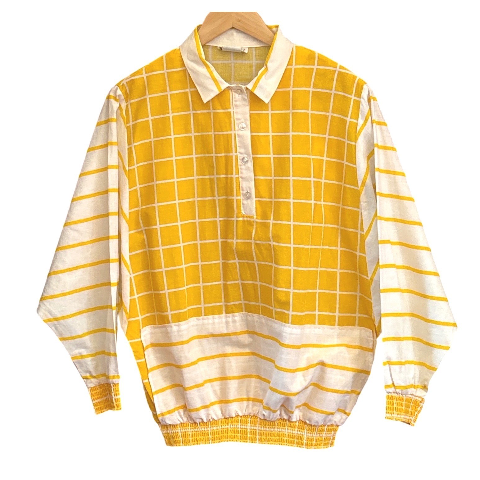 80s Jon Woods New York Blouse Yellow Grid Stripe Retro Preppy