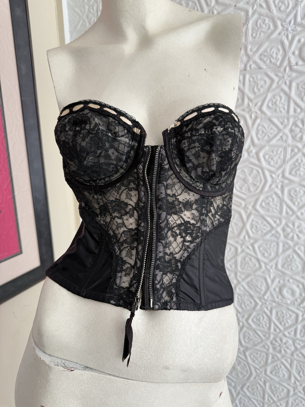 vintage Lady Marlene Corset Bra Top Strapless Bustier lace 1950s Black 34 B