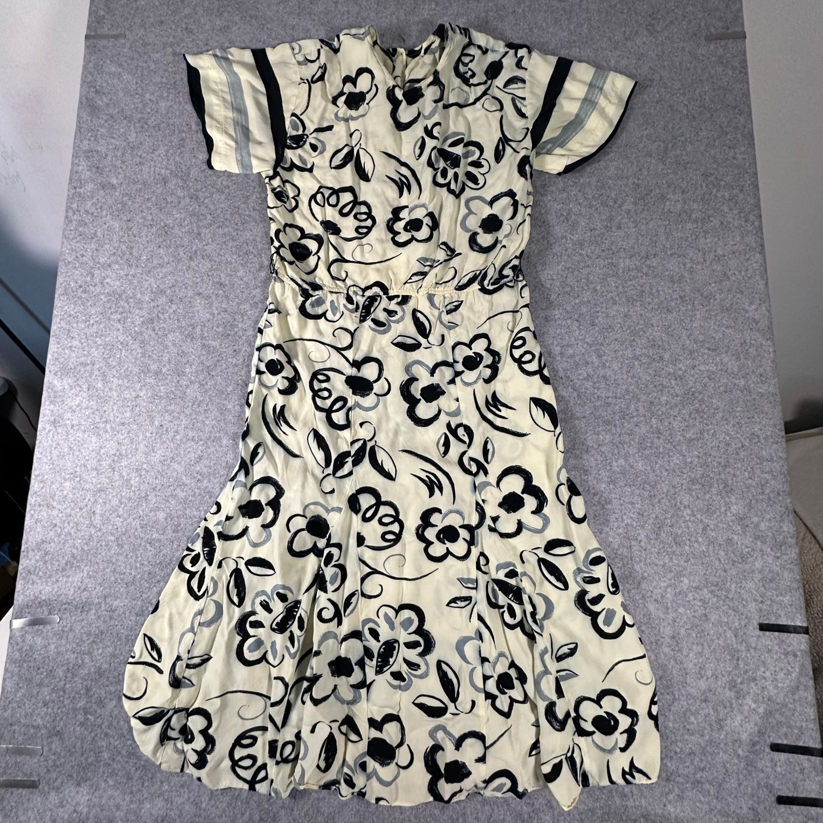 Vintage Choon California Floral Maxi Dress Size 12 Cream Black Womens Rayon 90s