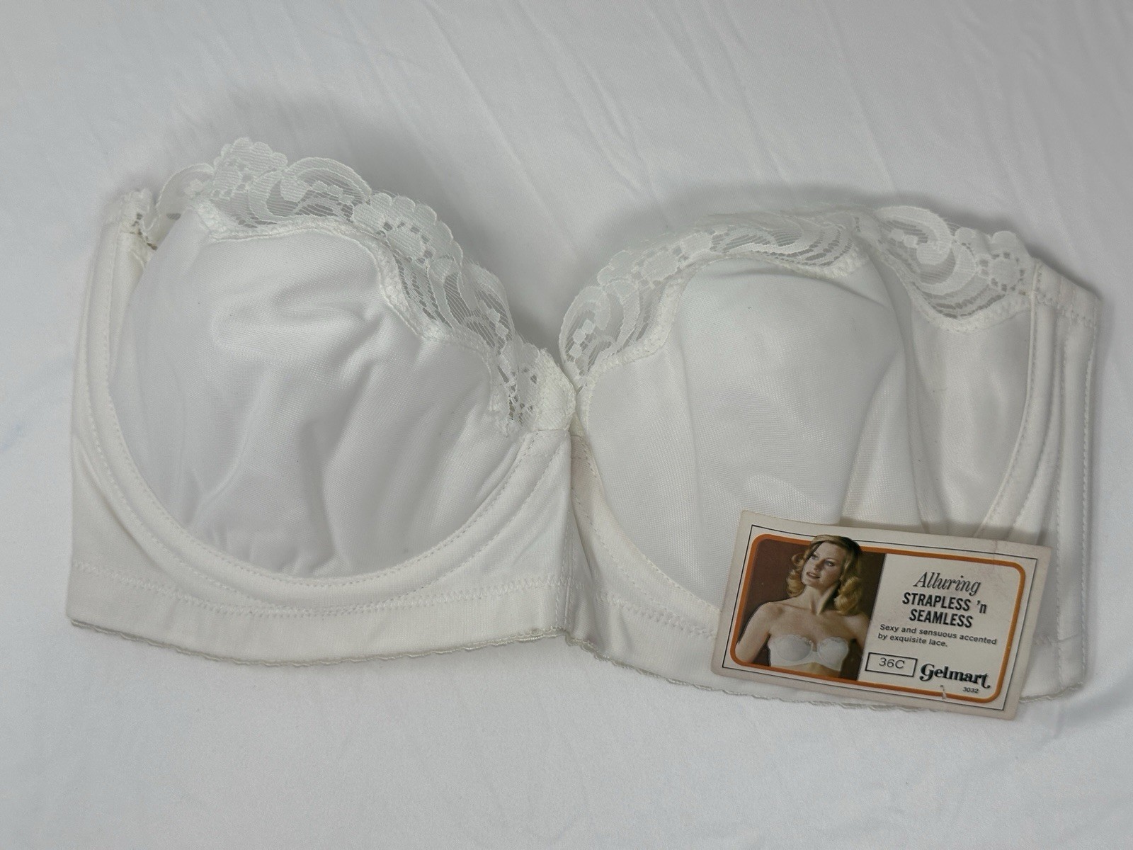 Vintage Strapless Underwire Bra Gelmart 36C ~ White Lace Seamless NWT NOS #C148