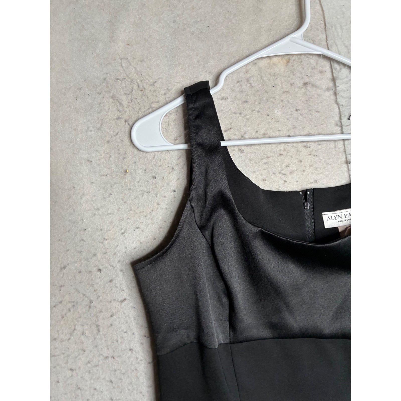Alyn Paige Vintage Black Satin Crepe Mini Dress Sleeveless Square Neck Sheath