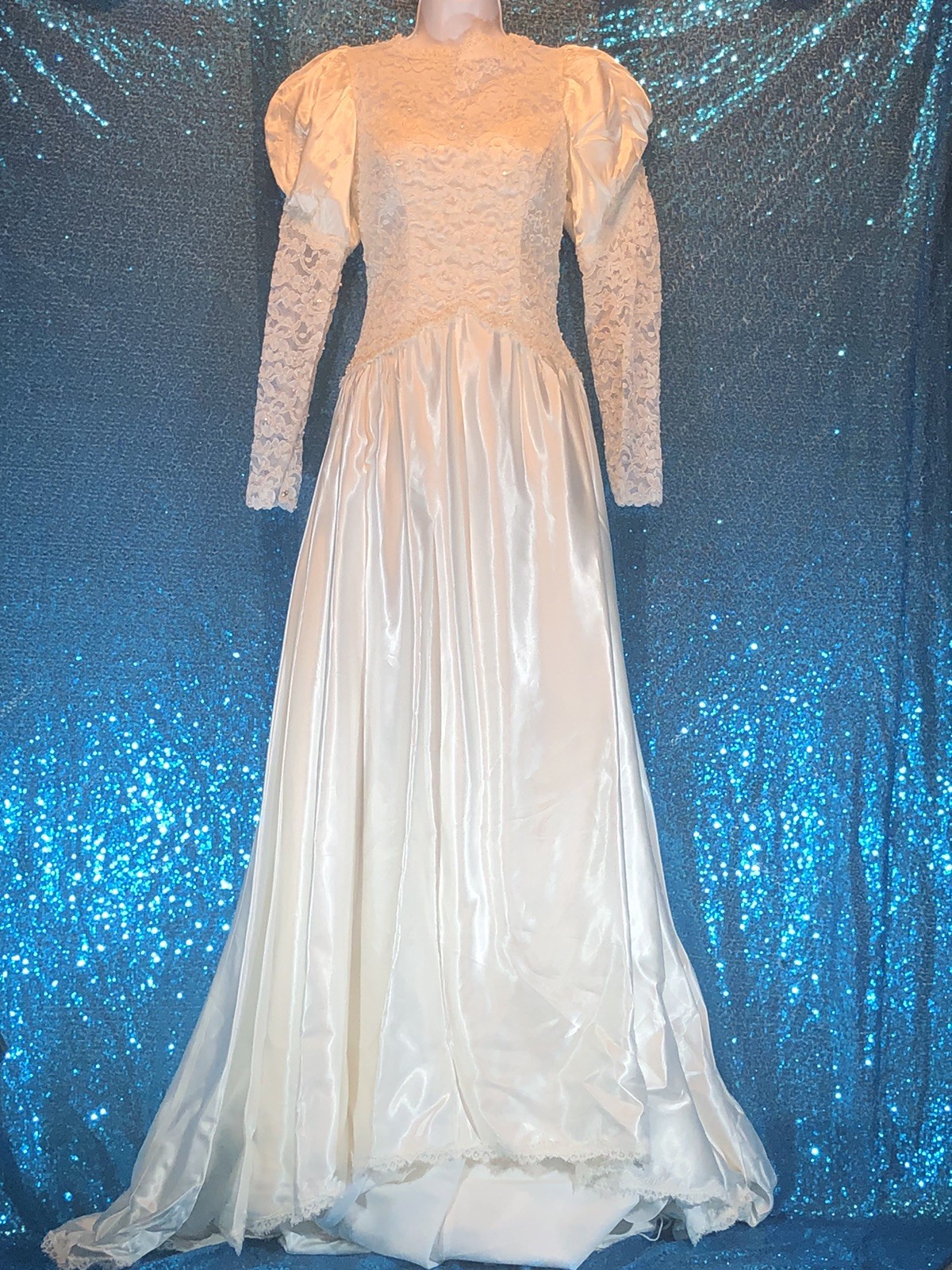 80s Vintage Wedding Gown W/Leg Of Mutton Beaded Lace Sleeves & Bodice White~XS/S