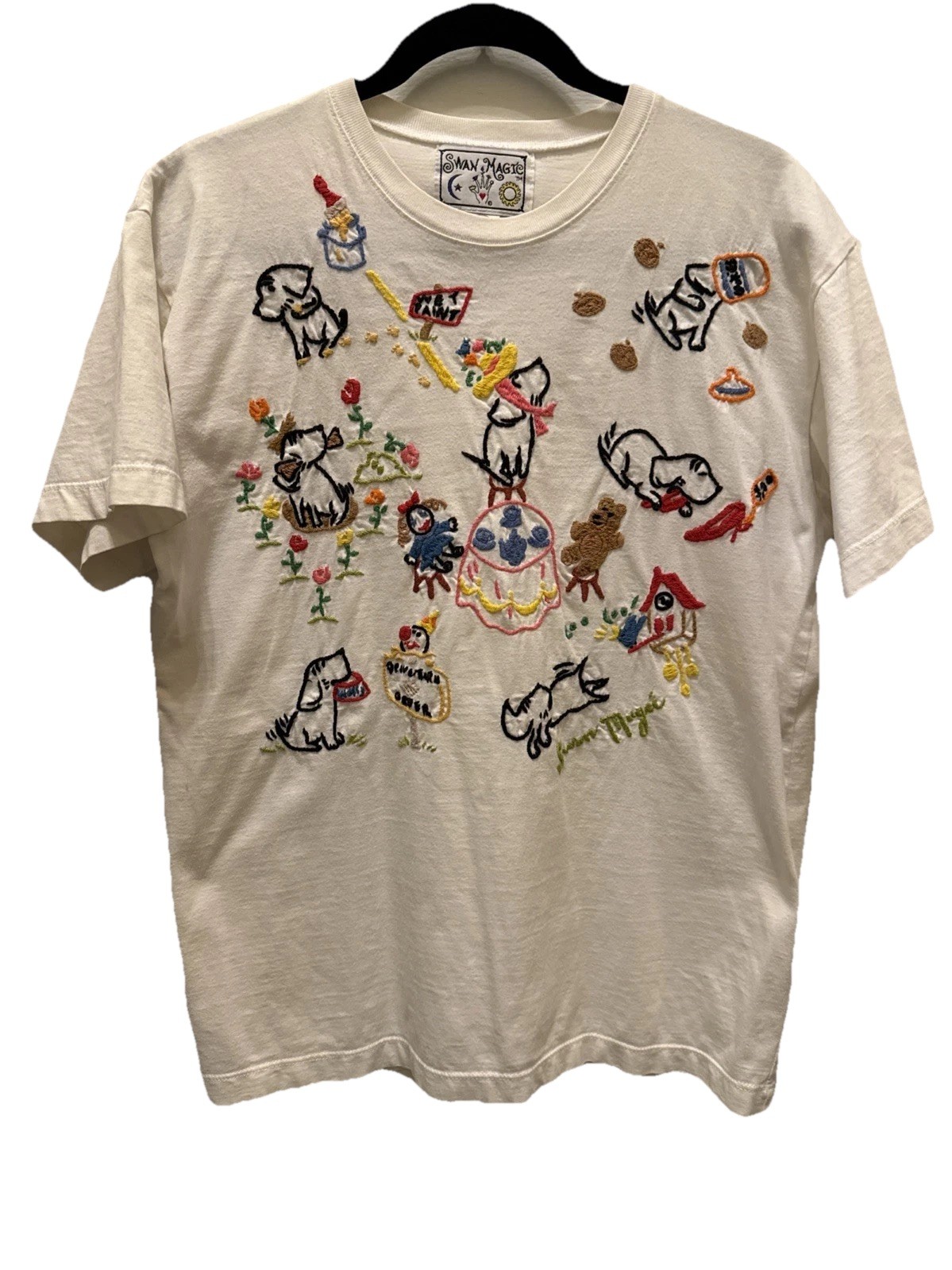 VTG 90s Swan Magic Hand Embroidered Shirt Sz Small Dog Party