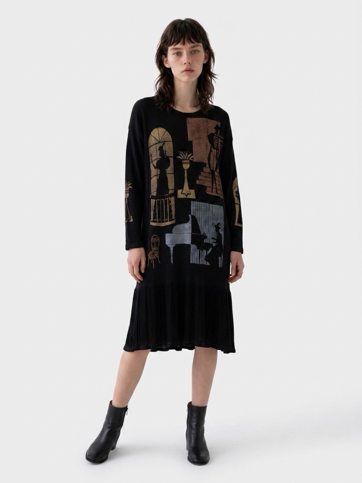 Vintage 90s Art to Wear Hand painted Dress Size M/L Lagenlook Boho Artsy City
