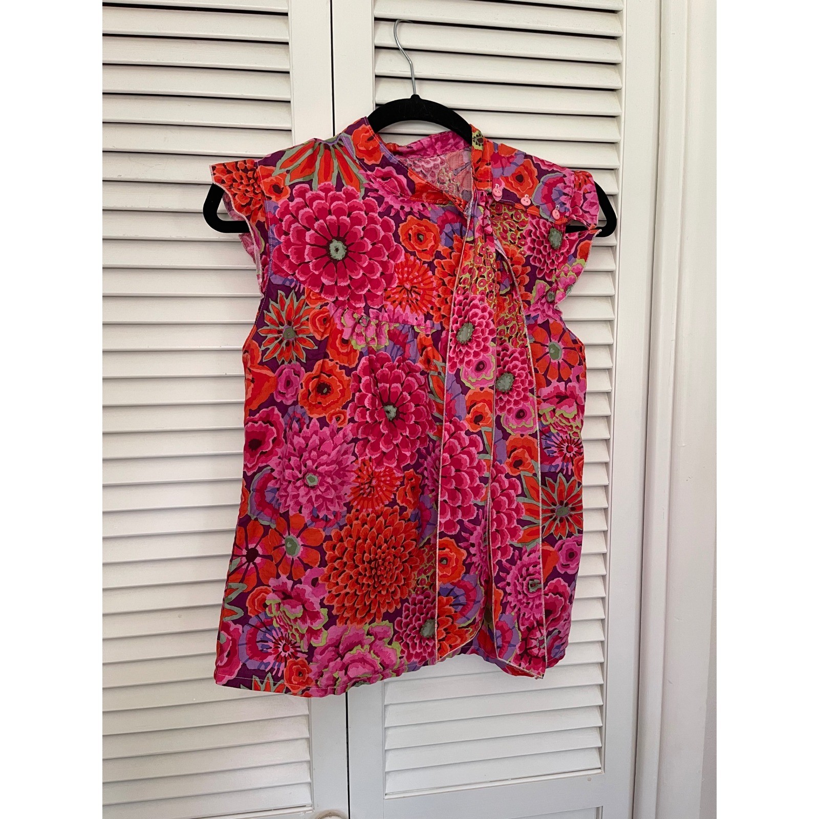 Vintage-Style Boho Maximalist Floral Tie-Neck Blouse, Ruffle Sleeve Top, Sz M