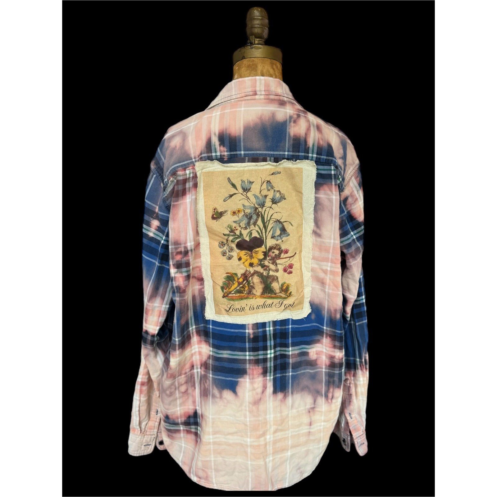 Lovin’ Is What I Got” Bleached Cotton Flannel Shirt Large Folk Art