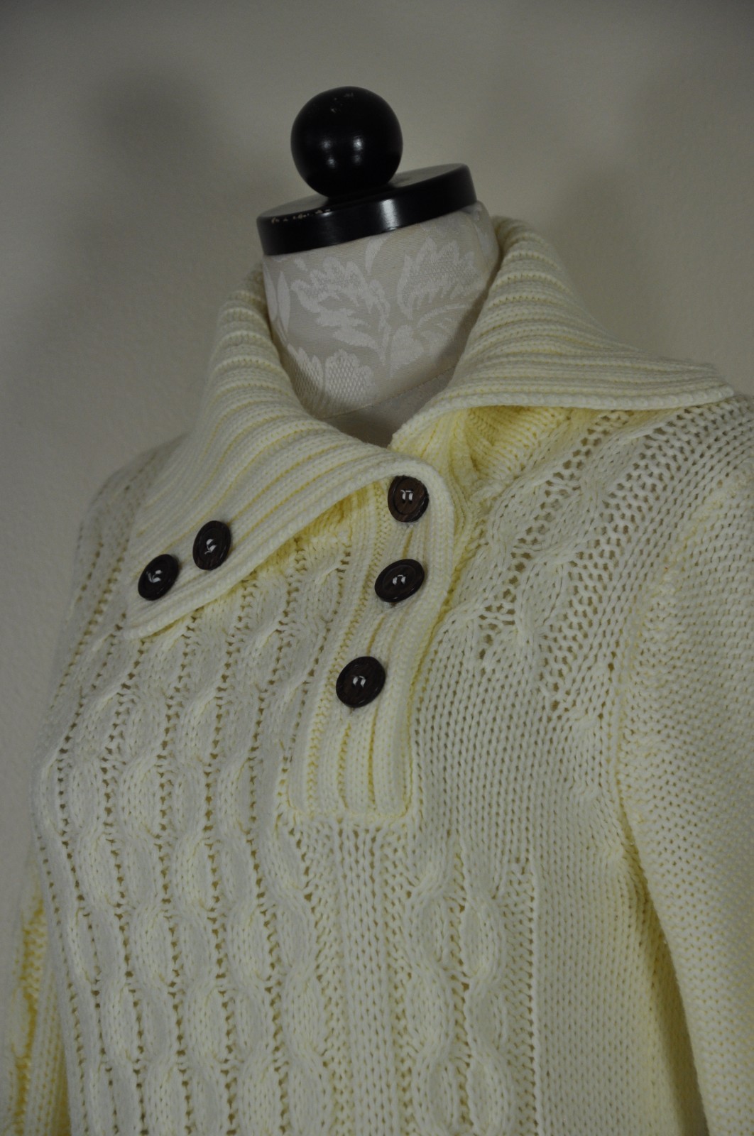70s Vintage Cream Chunky Cable Knit Buttons Turtleneck Fisherman Sweater Women S