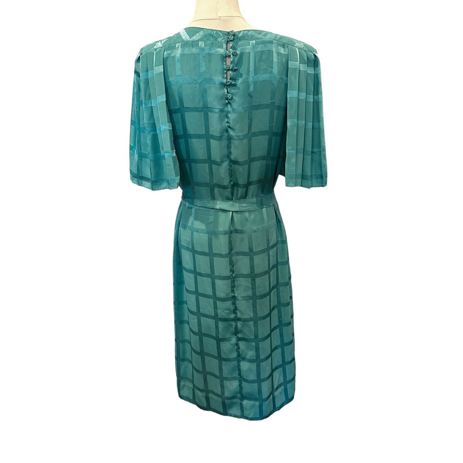 Vintage Teal Blue Windowpane Satin Midi Dress Pleated Flutter Sleeve Belted M