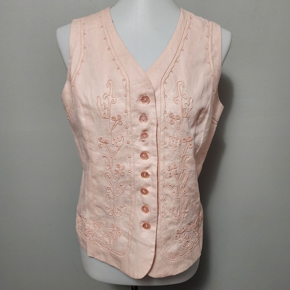Vintage Stephanie Andrews 80s Peach Embroidered Linen Waistcoat Vest Size Medium