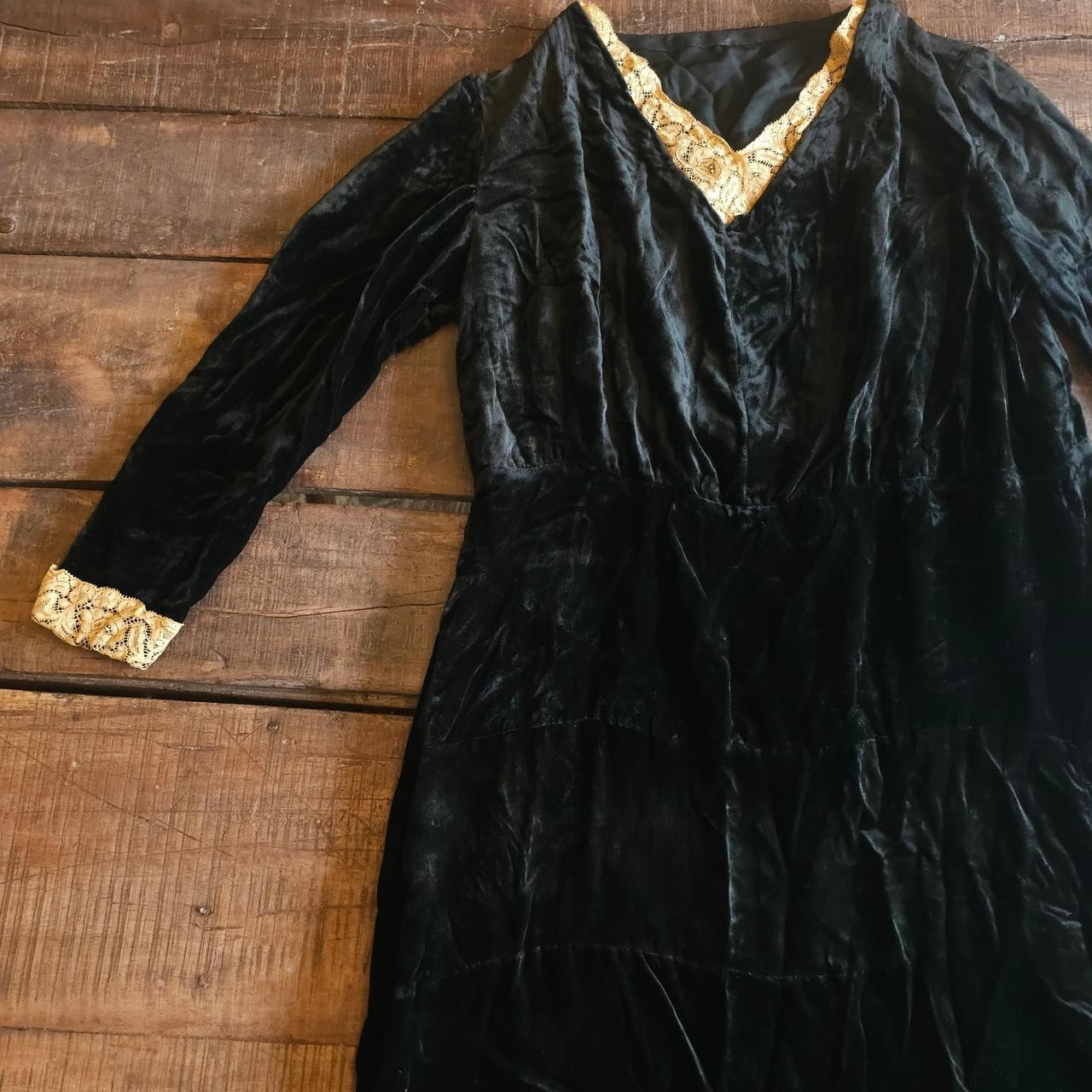 Antique Black Velvet Dress W/ Lace Detailing on Sleeves &Cuffs Long Sleeve Vneck