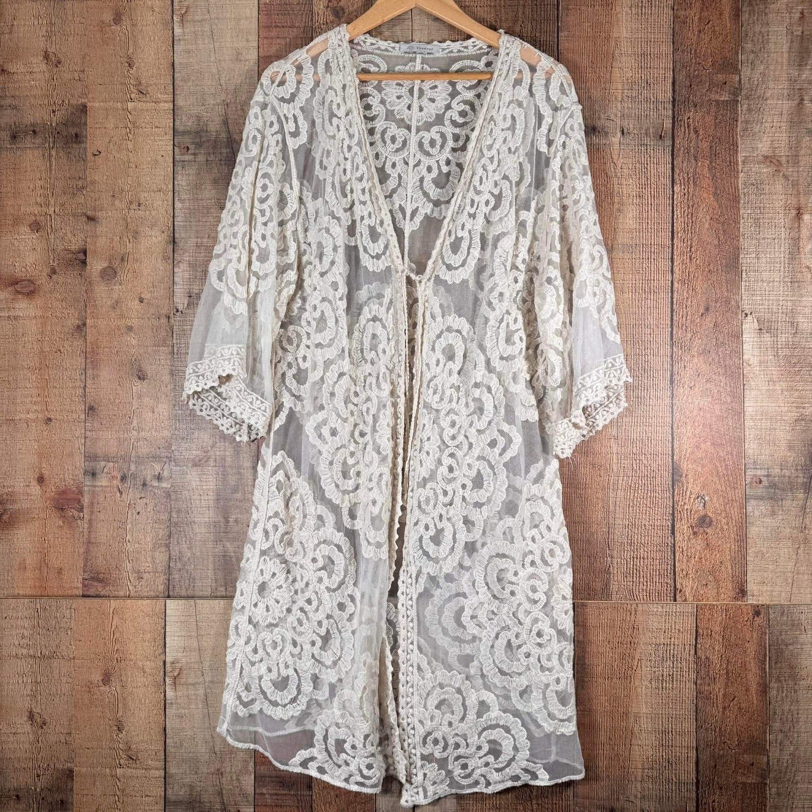 Veveret Cream Lace Kimono M/L Sheer Floral Crochet Duster Swim Coverup Boho
