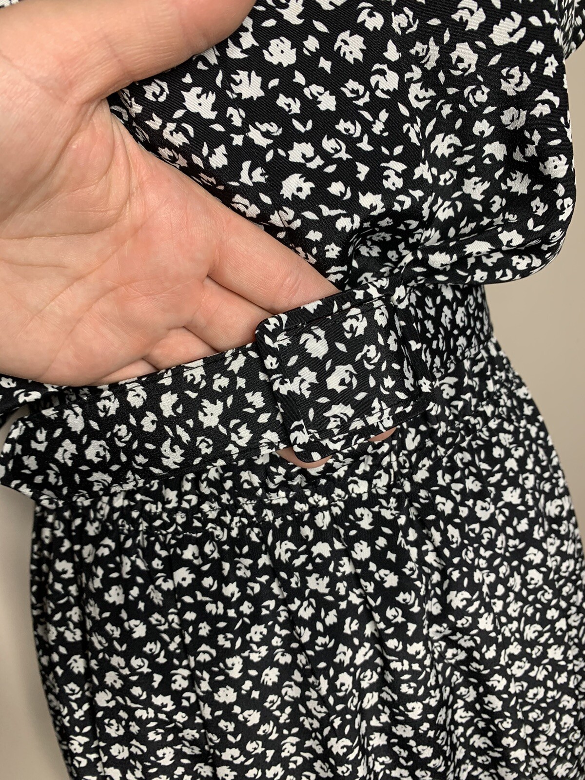 Vintage 80s Pellini Von Bramlett Black White Floral Belted MIDI Dress USA Sz 7/8