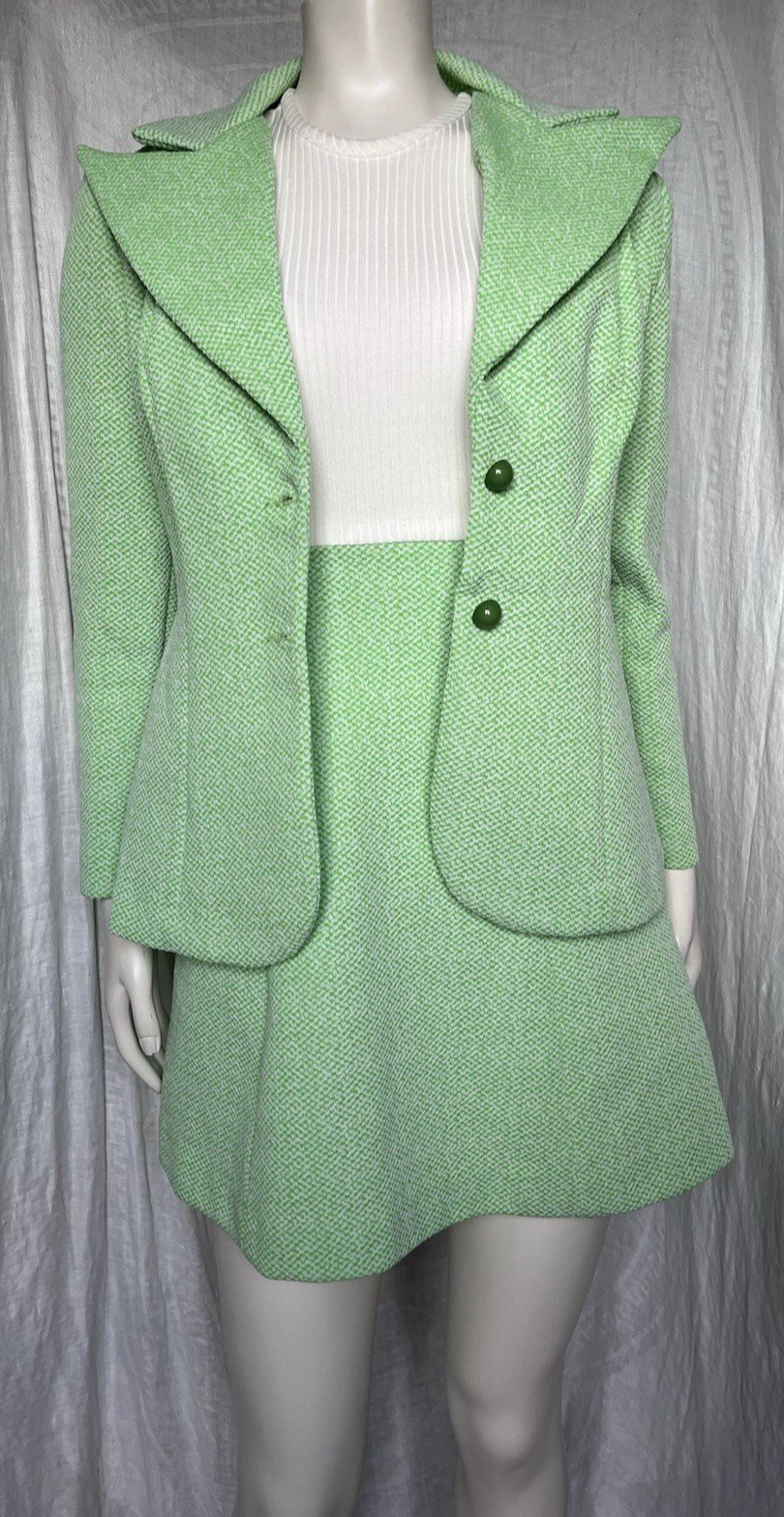 Vintage 1960s Mini Dress & Jacket 2 Piece Set Mod Go Go Green Union Made Size XS