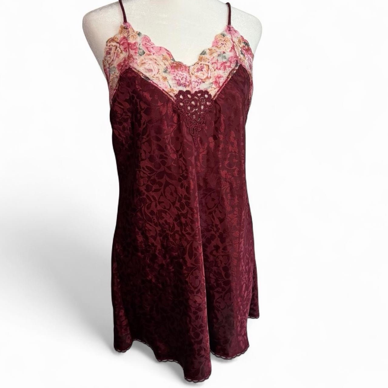 VTG 90s USA VAL • MODE® Women’s Burgundy Satin Floral Laced V-Neck Slip Dress S