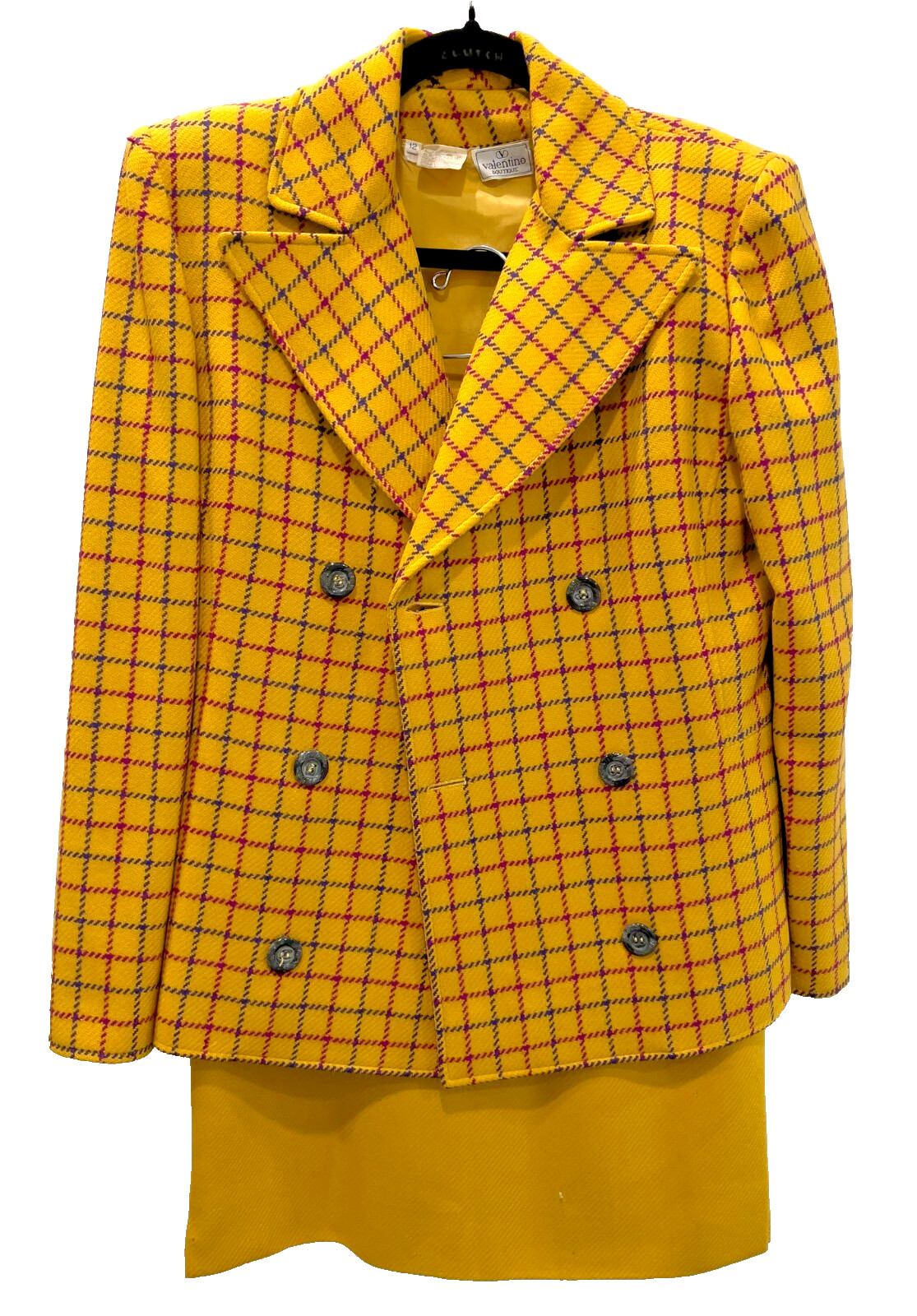 Vintage VALENTINO BOUTIQUE Mustard Yellow Checked Wool Crepe Skirt Suit