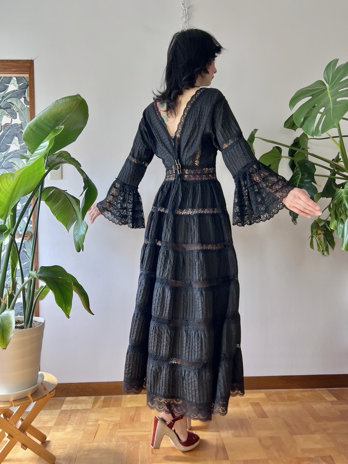 VTG 60s Mexican Wedding Dress Black Lace Pintuck Bell Sleeve Maxi S/M Boho Hippy