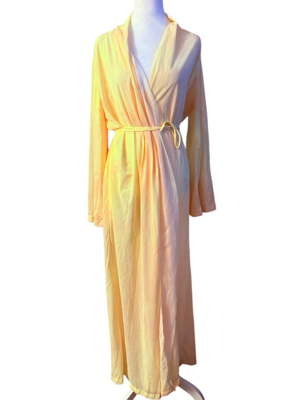 Vintage Miss Elaine Peignoir Long Robe Pink Yellow Sheer Hollywood Glam Large