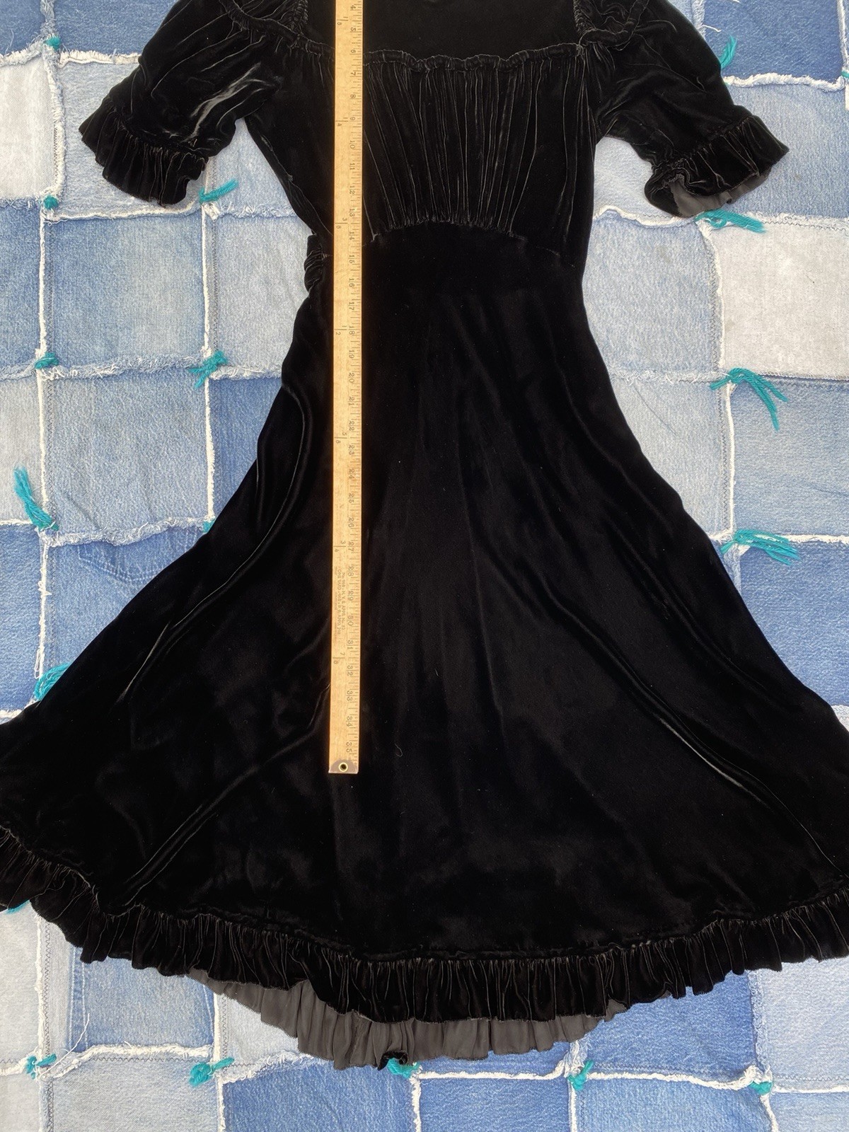 1930s Black Velvet Evening Dress Puff Sleeve Art Deco Gothic Original Zip XS